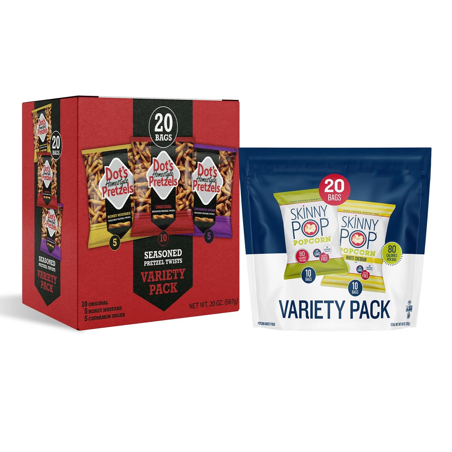 Dot's Pretzels Variety Pack, Original, Honey Mustard, and Cinnamon Sugar Pretzel Twists, Healthy Kids Snacks, 1oz Grocery Sized Bags (20 Count)