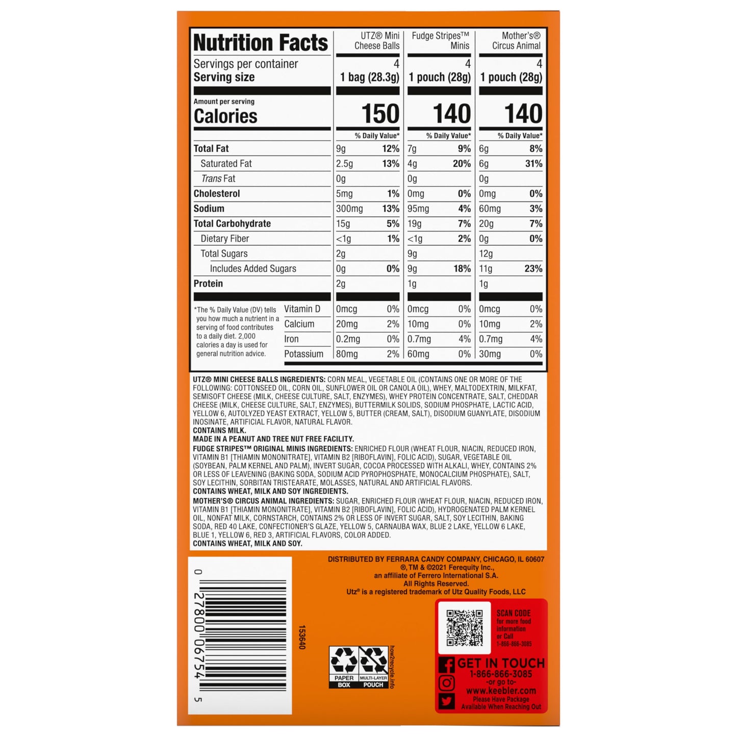 Keebler Sweet & Salty Mix, Keebler Fudge Stripes, Mother's Circus Animals, Utz Mini Cheese Balls, 1 Oz. (Pack of 12)
