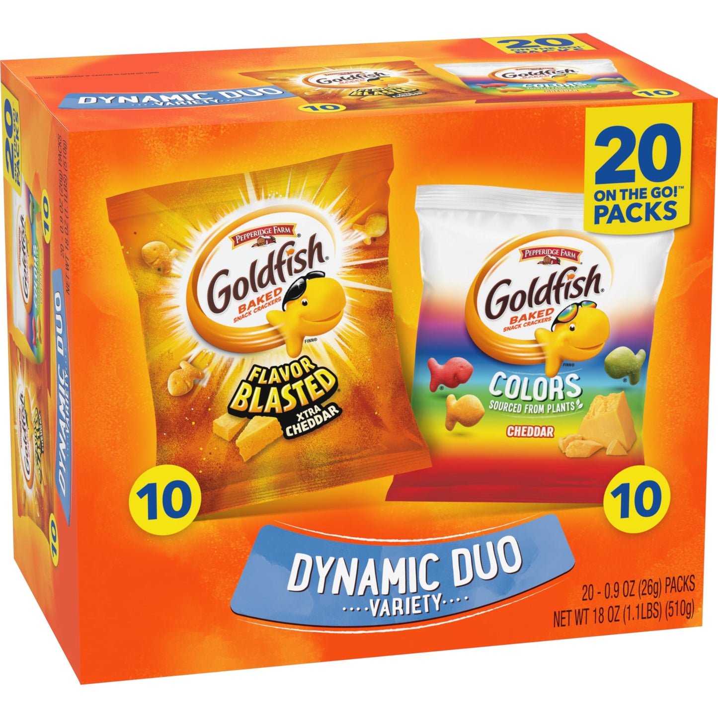 Goldfish Dynamic Duo Variety Pack, Colors Cheddar & Flavor Blasted Xtra Cheddar, Snack Packs, 20 Ct
