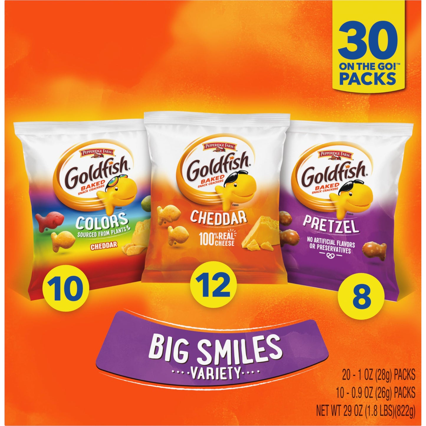 Goldfish Dynamic Duo Variety Pack, Colors Cheddar & Flavor Blasted Xtra Cheddar, Snack Packs, 20 Ct